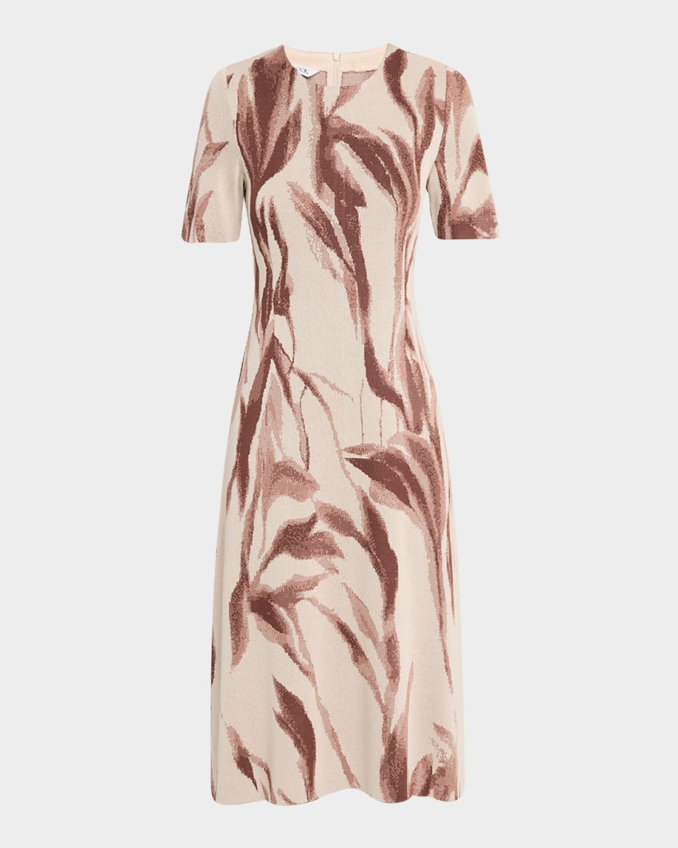 A-Line Botanical Jacquard Soft Knit Midi Dress